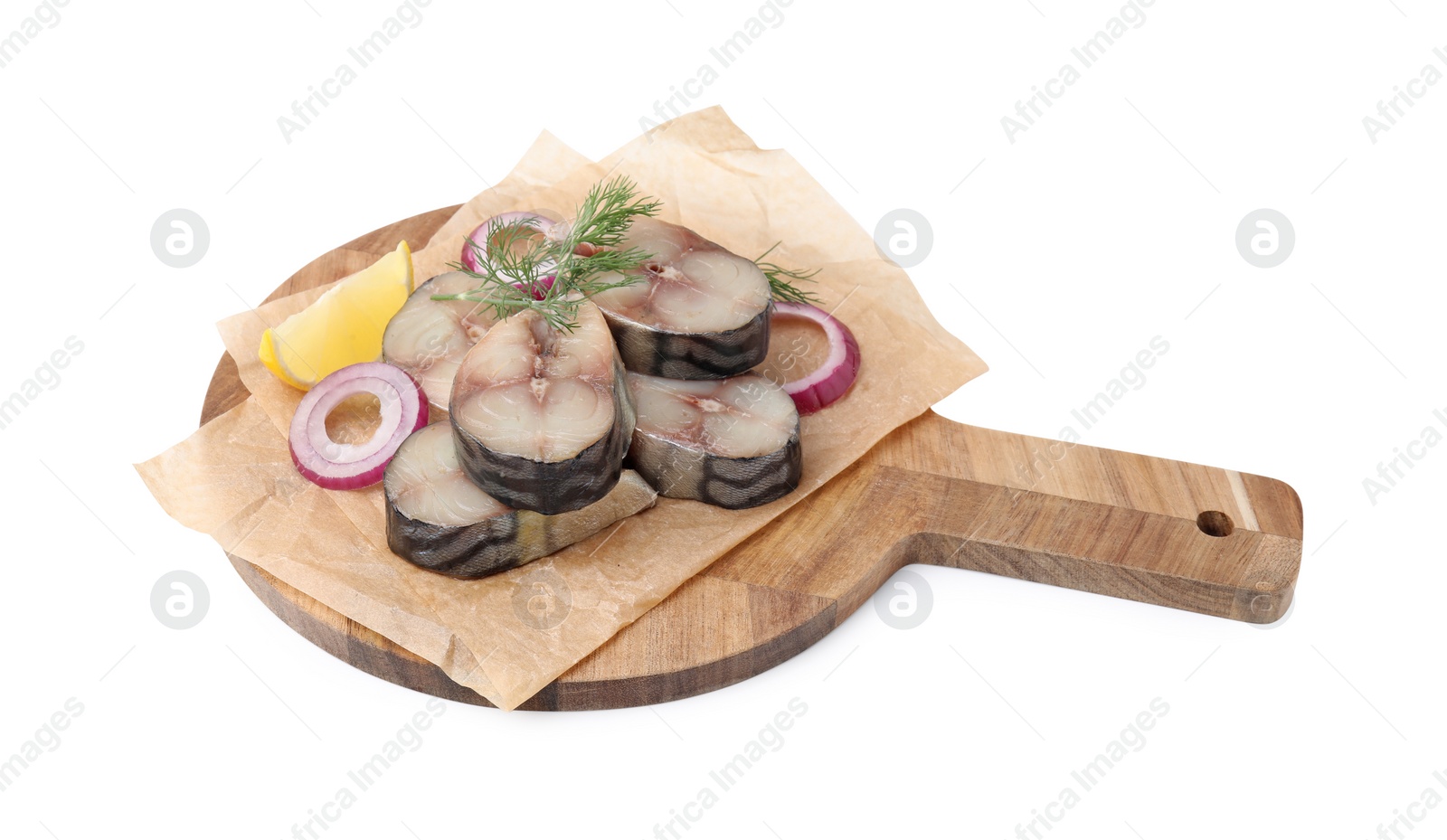 Photo of Slices of tasty salted mackerel with lemon and onion isolated on white