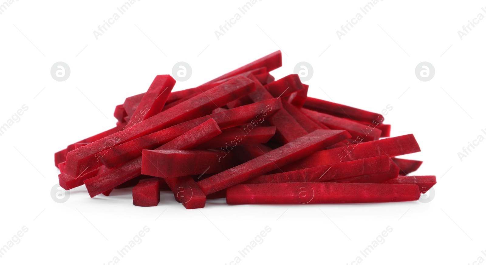 Photo of Heap of cut fresh red beet on white background