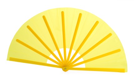 Photo of Bright yellow hand fan isolated on white