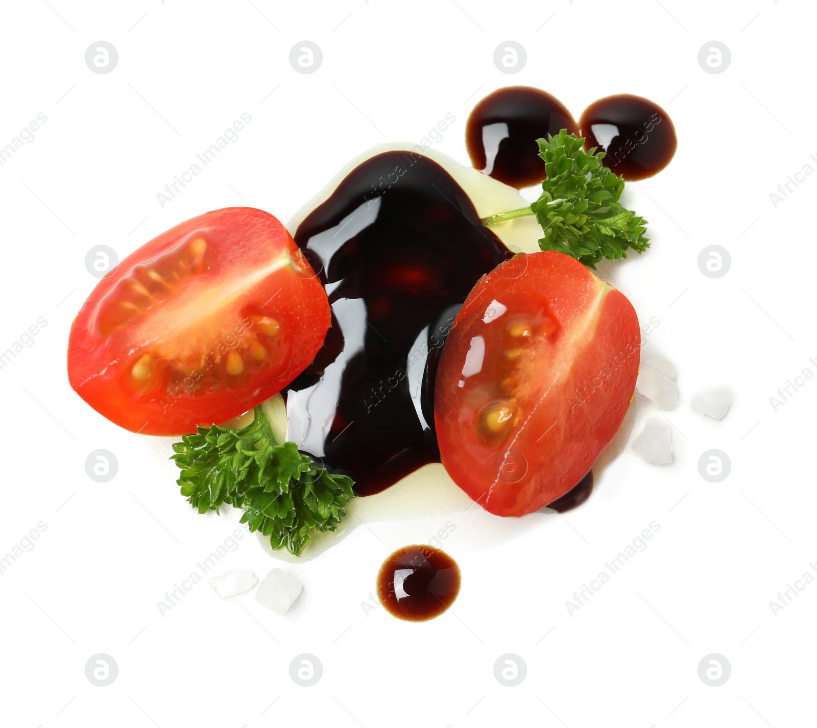 Photo of Composition with balsamic vinegar isolated on white, top view. Salad dressing