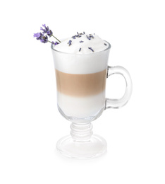 Photo of Delicious coffee with lavender isolated on white