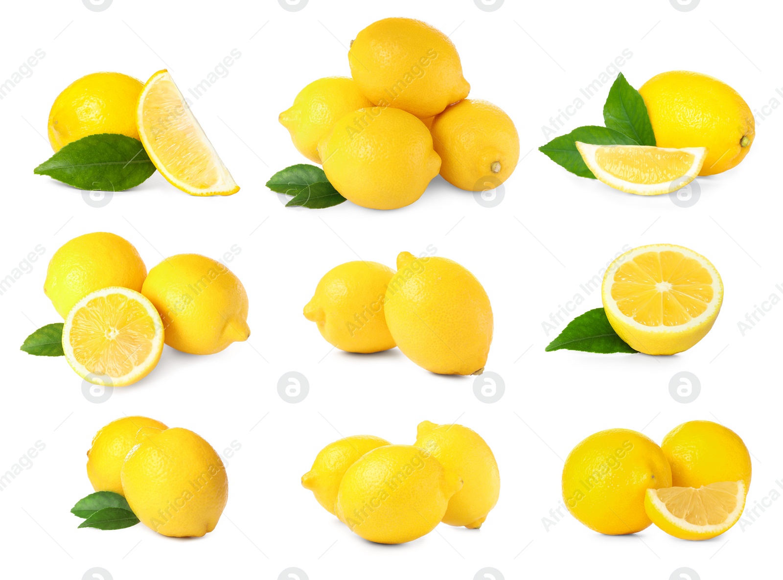 Image of Set with fresh ripe lemons on white background