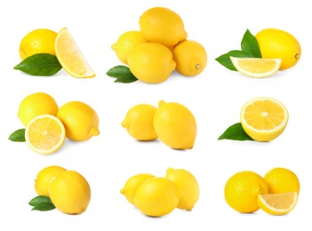 Set with fresh ripe lemons on white background