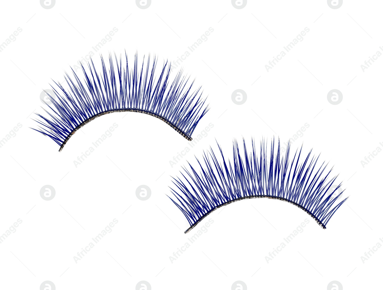 Image of Beautiful pair of blue false eyelashes on white background, top view