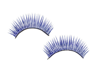 Beautiful pair of blue false eyelashes on white background, top view