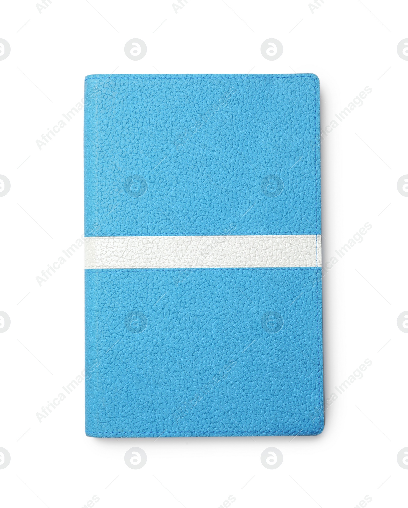 Photo of Stylish light blue notebook isolated on white, top view