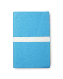 Photo of Stylish light blue notebook isolated on white, top view