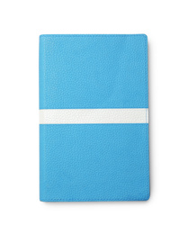 Stylish light blue notebook isolated on white, top view