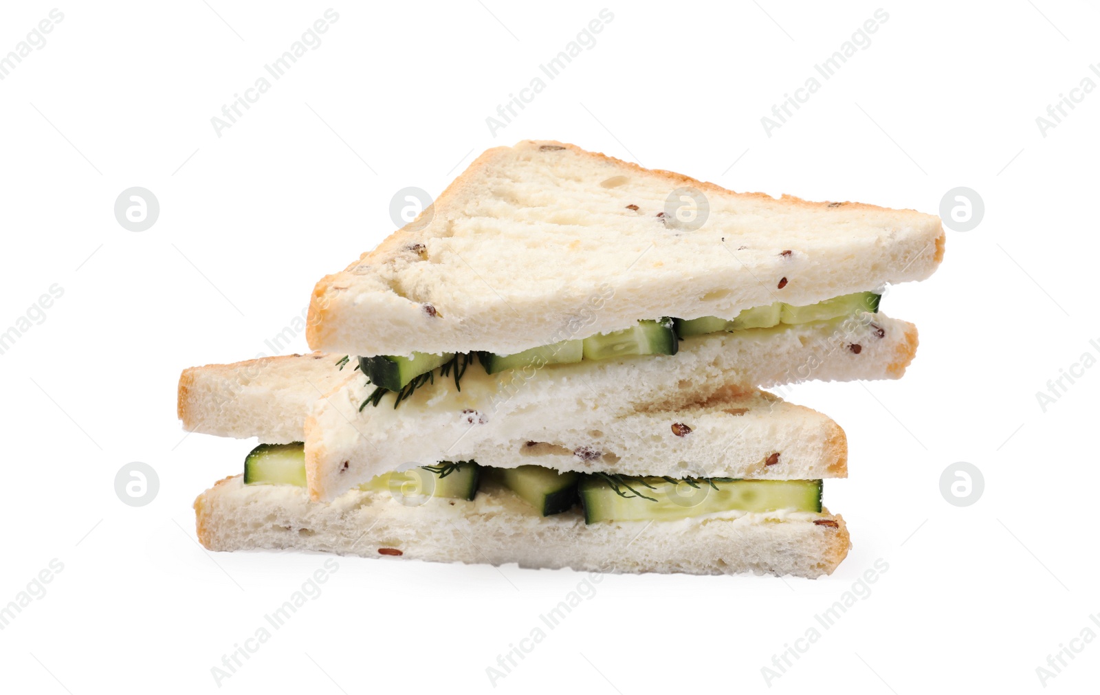 Photo of Tasty fresh cucumber sandwiches on white background