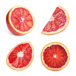 Image of Set with ripe red oranges on white background