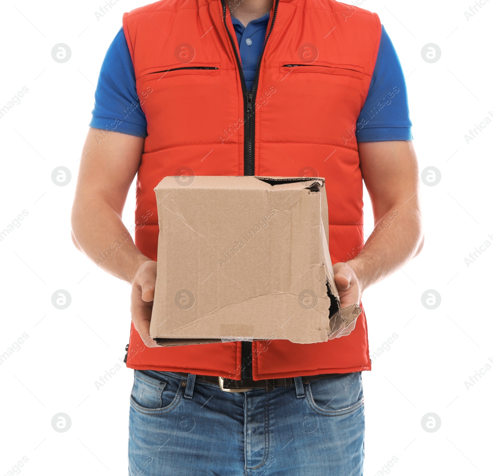 Photo of Courier with damaged cardboard box on white background, closeup. Poor quality delivery service