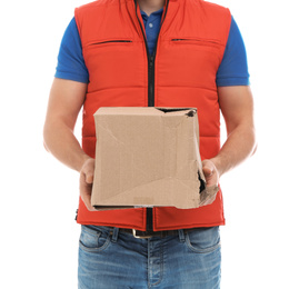 Photo of Courier with damaged cardboard box on white background, closeup. Poor quality delivery service