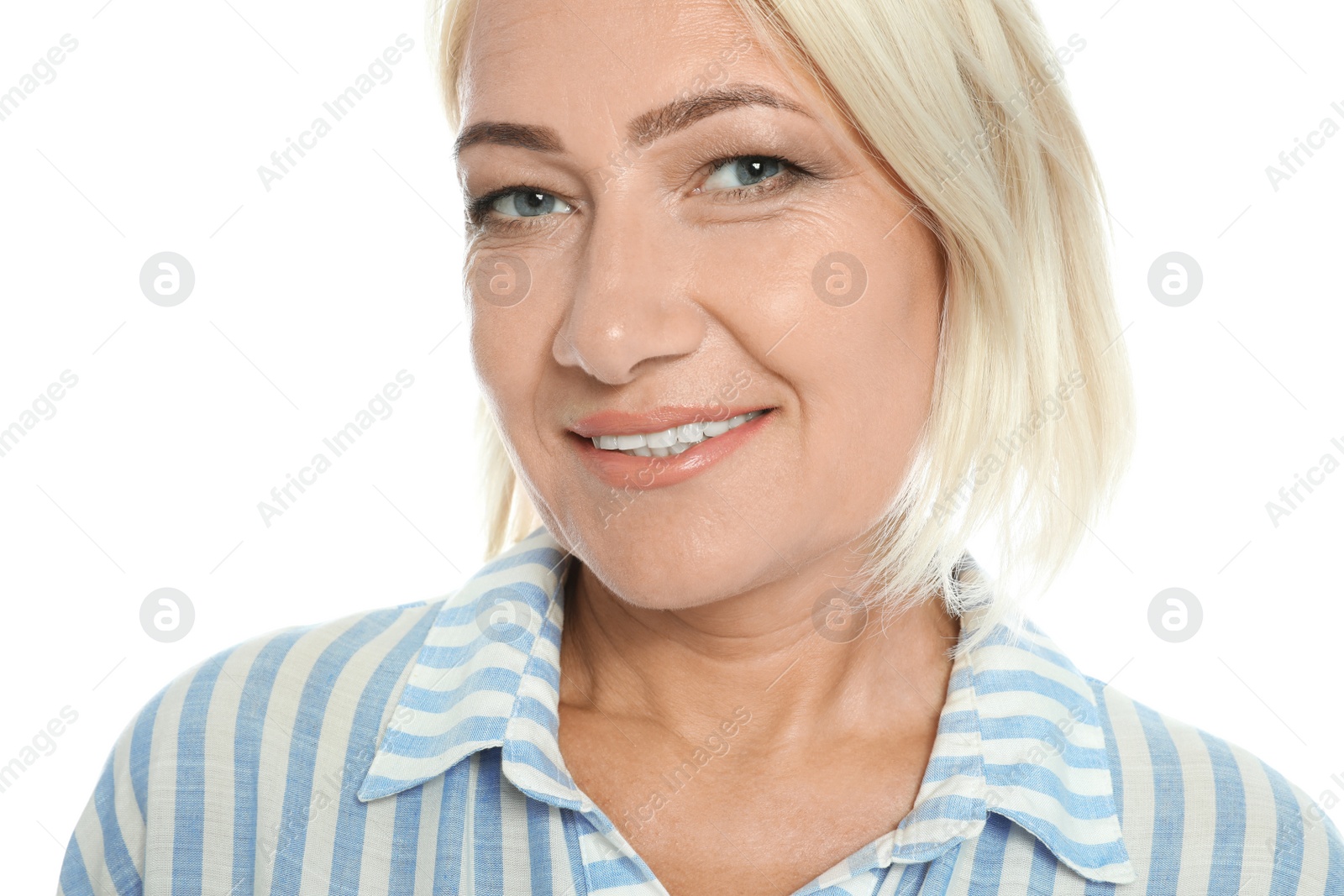 Photo of Portrait of mature woman with beautiful face on white background