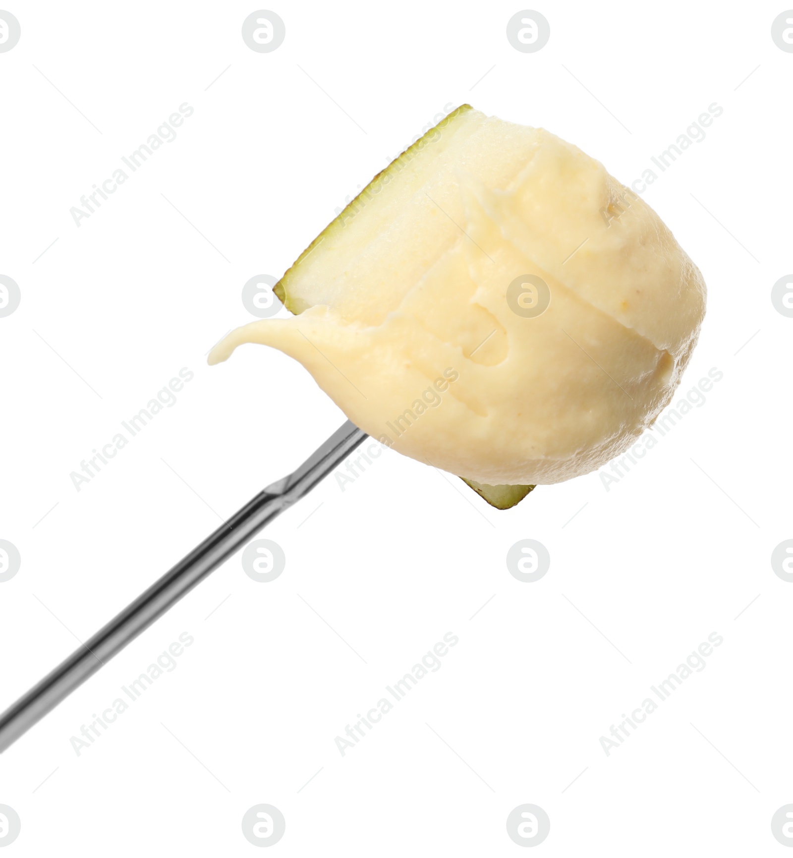 Photo of Tasty fondue. Fork with piece of pear and melted cheese isolated on white