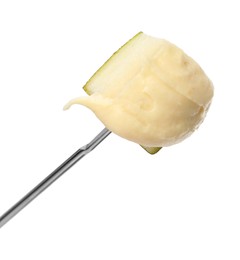 Tasty fondue. Fork with piece of pear and melted cheese isolated on white