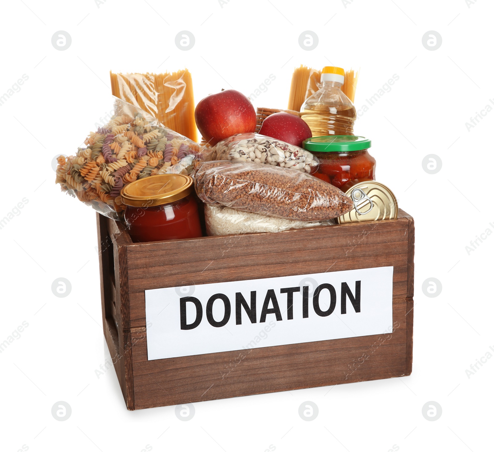 Photo of Donation box full of different products on white background