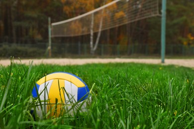 Colorful volleyball ball on green grass, space for text