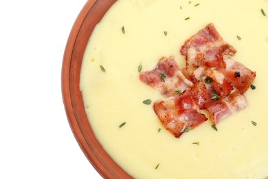 Photo of Tasty potato soup with bacon and rosemary in bowl isolated on white, top view