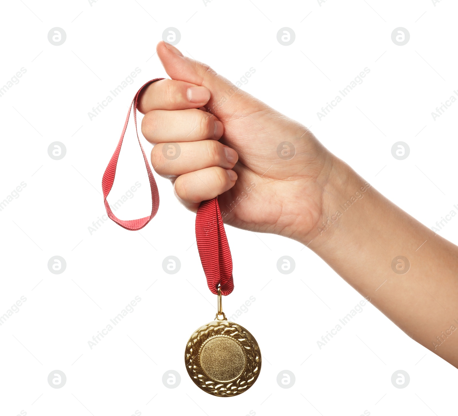 Photo of Woman holding gold medal with space for design on white background, closeup. Victory concept