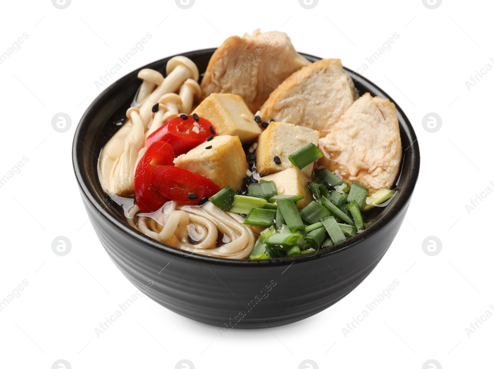 Photo of Bowl of delicious ramen isolated on white. Noodle soup