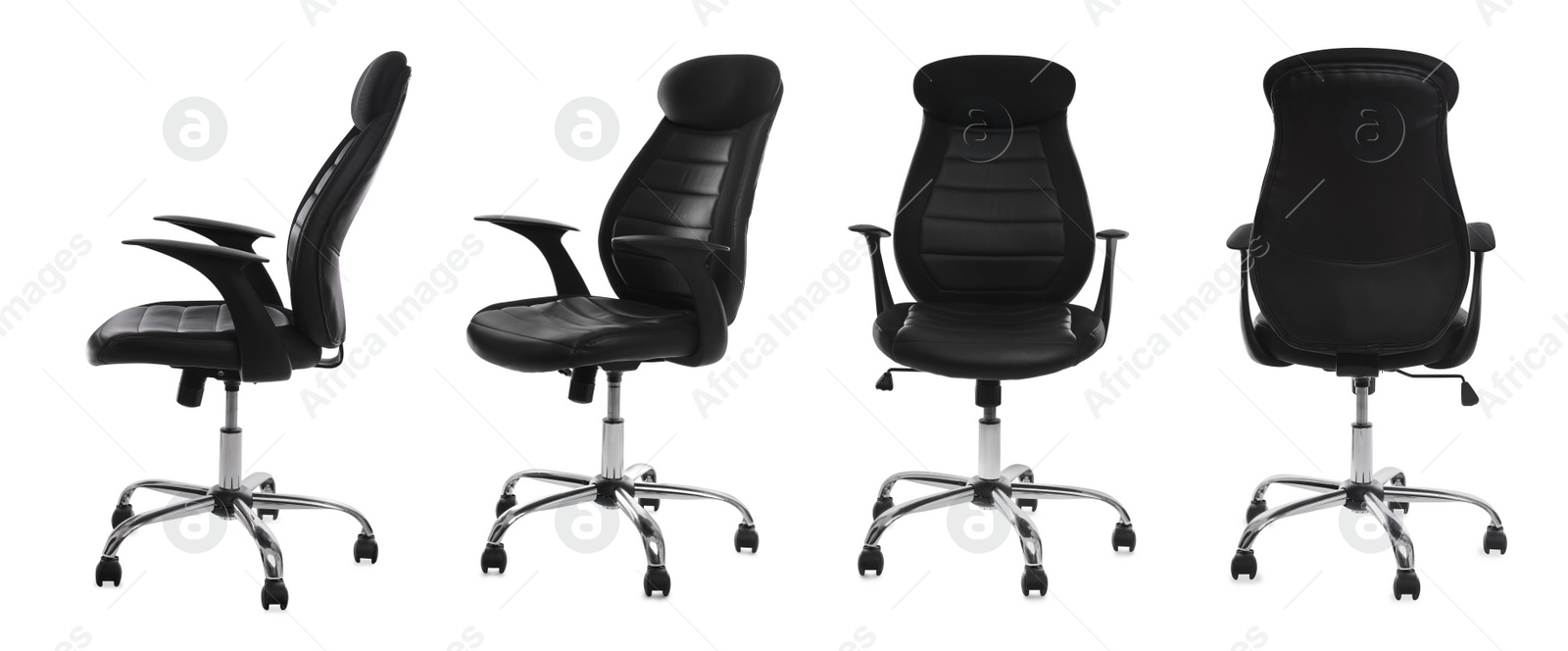 Image of Set with black office chairs with leather seats on white background. Banner design