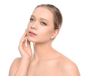 Portrait of young woman with beautiful face on white background