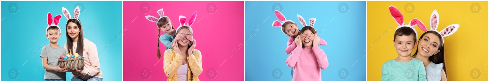 Image of Collage photos of people wearing bunny ears headbands on different color backgrounds, banner design. Happy Easter