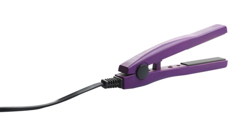 Photo of Modern hair iron for straightening on white background