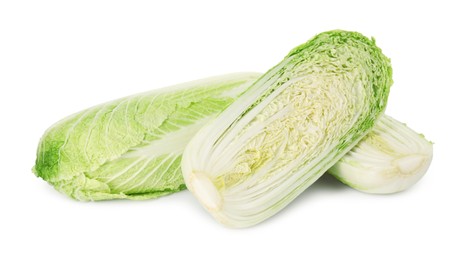 Photo of Whole and halves of Chinese cabbages isolated on white