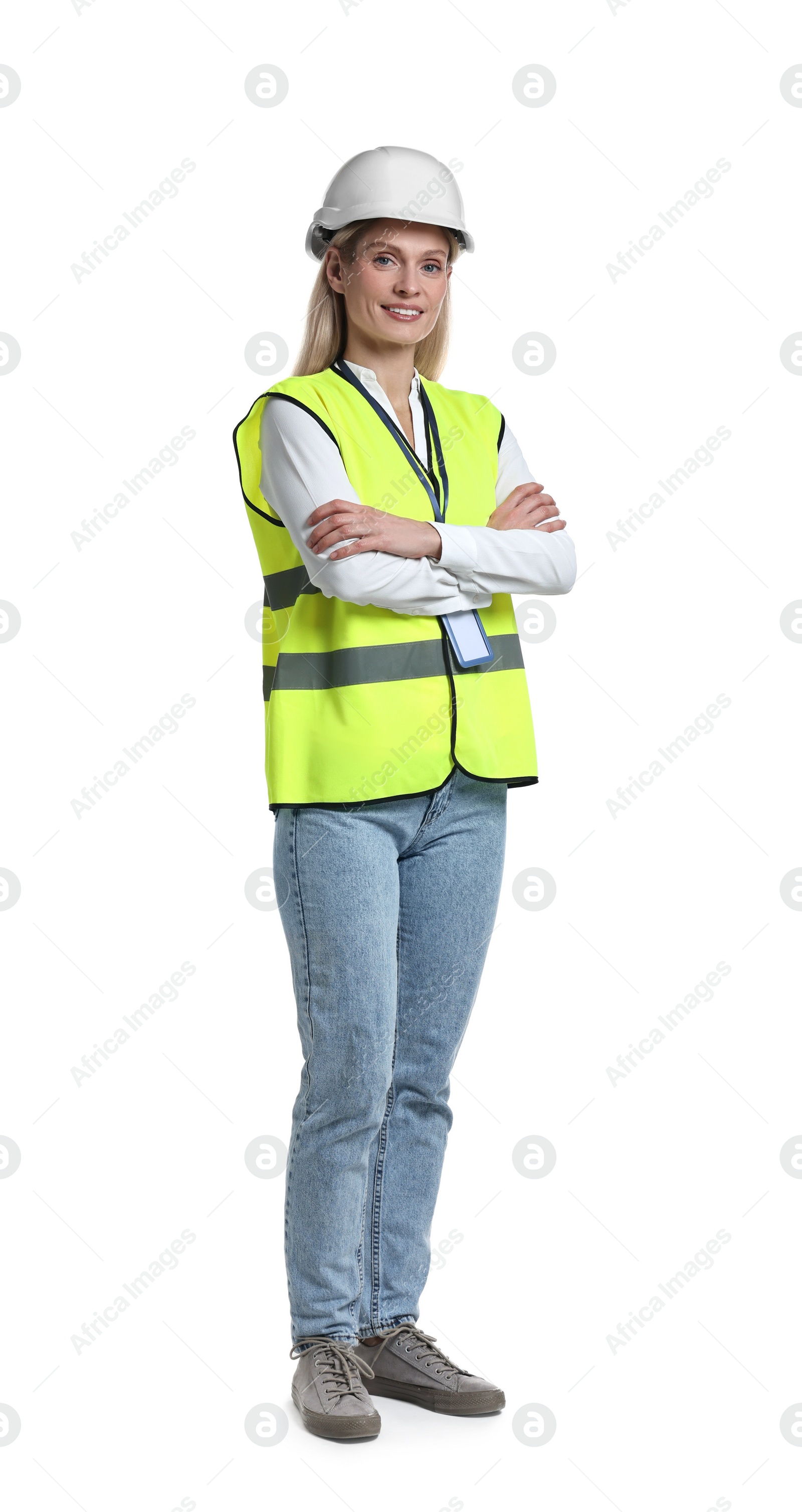 Photo of Engineer with hard hat and badge on white background