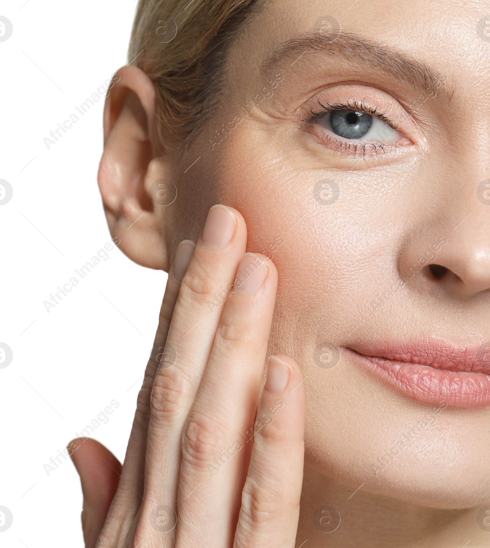 Photo of Beautiful woman with healthy skin on white background, closeup