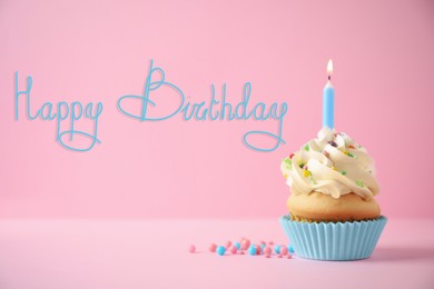 Image of Happy Birthday! Delicious cupcake with candle on pink background
