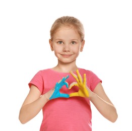 Photo of Little girl making heart with her hands painted in Ukrainian flag colors on white background. Love Ukraine concept