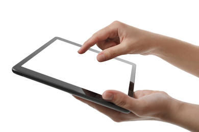 Woman using tablet computer with blank screen on white background, closeup. Modern gadget