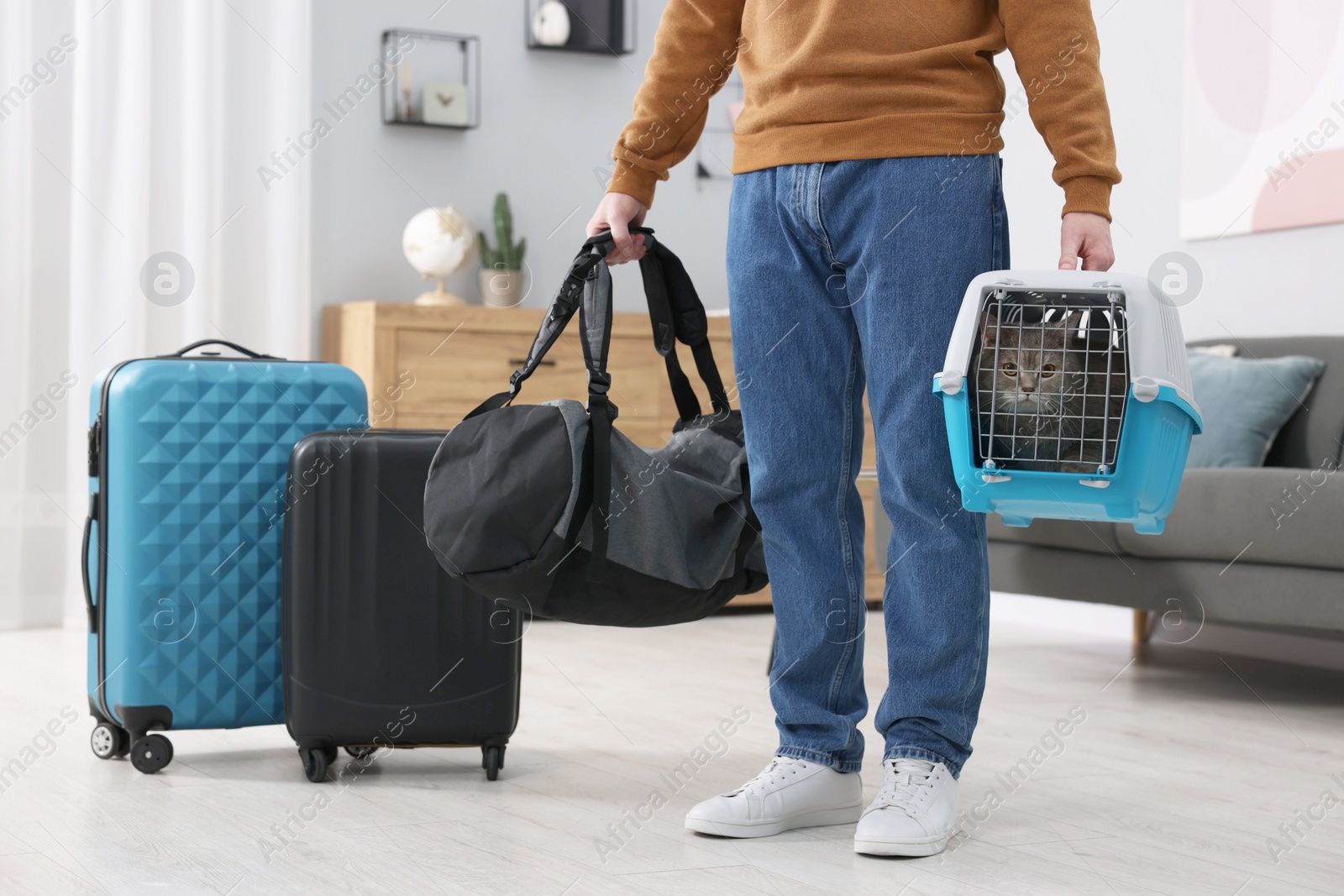 Photo of Travel with pet. Man holding carrier with cute cat and bag at home, closeup