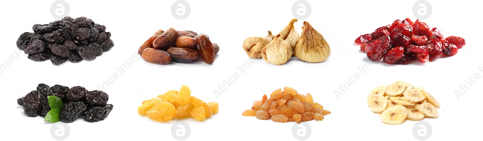 Image of Set with different tasty dried fruits on white background. Banner design