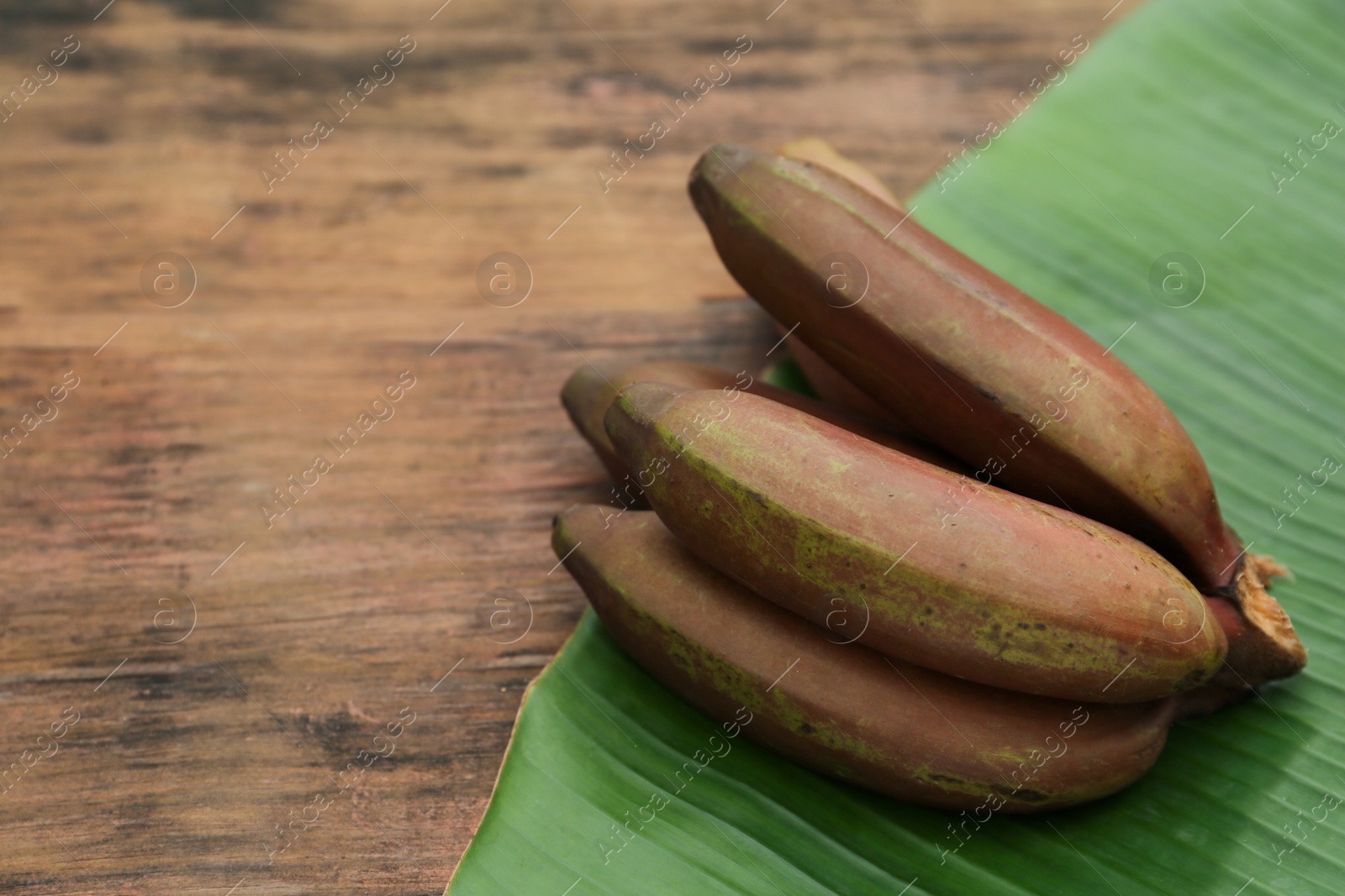 Photo of Delicious purple bananas and fresh leaf on wooden table, closeup. Space for text