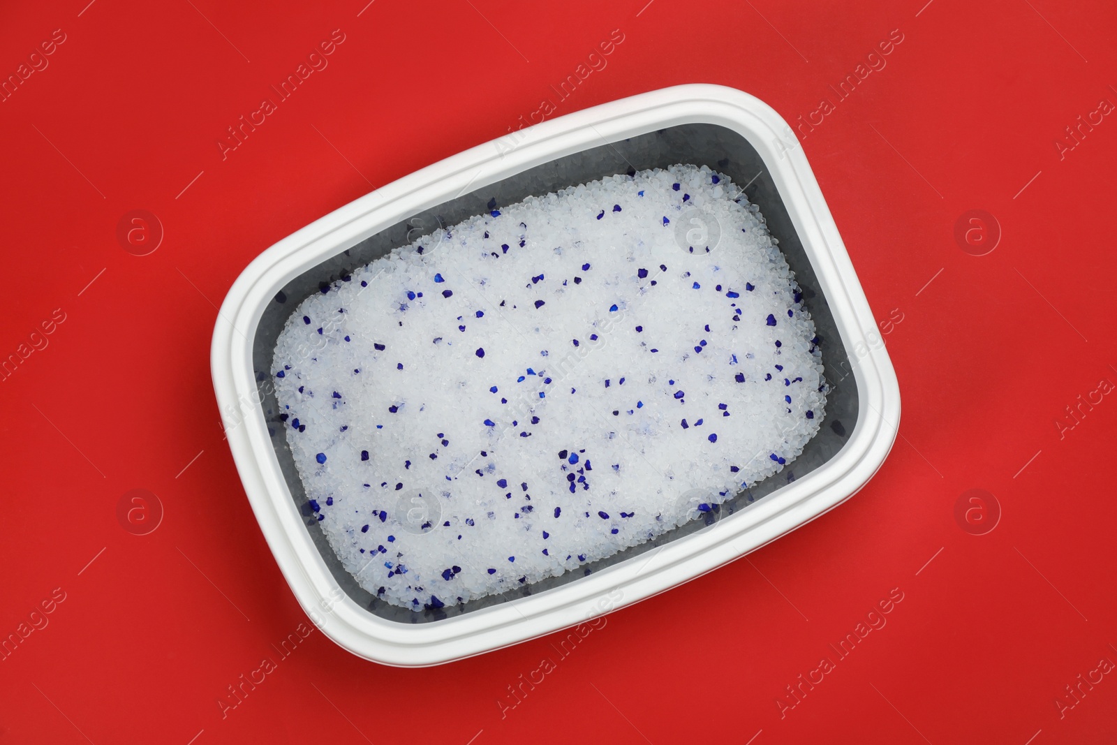 Photo of Cat litter tray with filler on red background, top view