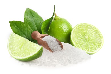 Image of Limes and salt isolated on white. Margarita cocktail ingredients