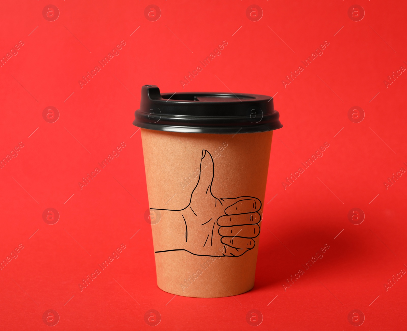 Image of Takeaway paper cup with thumbs up gesture drawing on red background