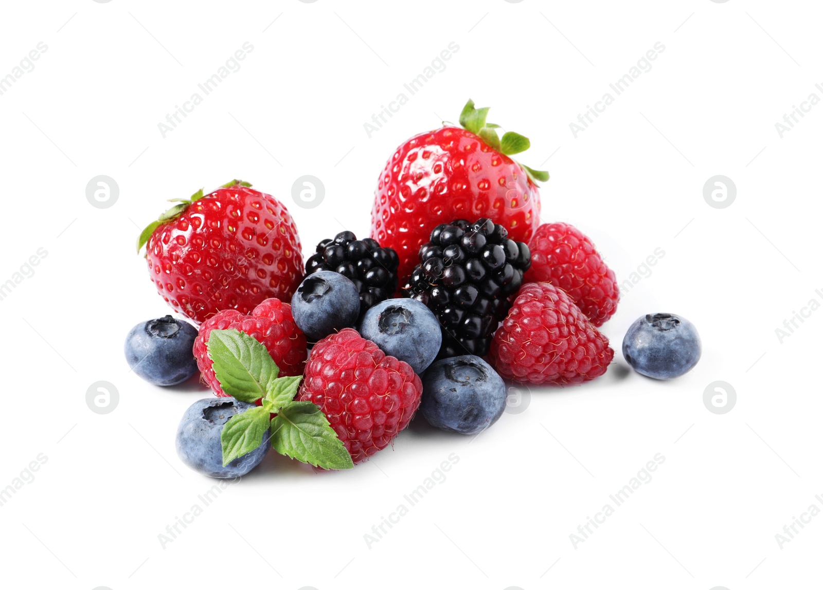 Photo of Many different ripe berries and mint leaves isolated on white