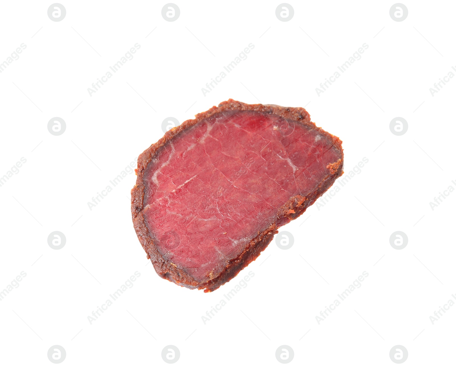 Photo of Delicious dry-cured beef basturma slice isolated on white