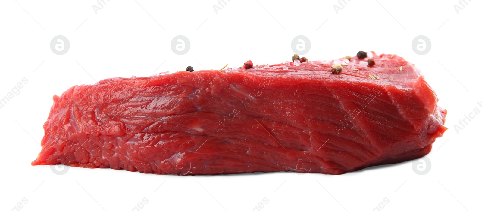 Photo of Fresh raw beef cut with spices isolated on white