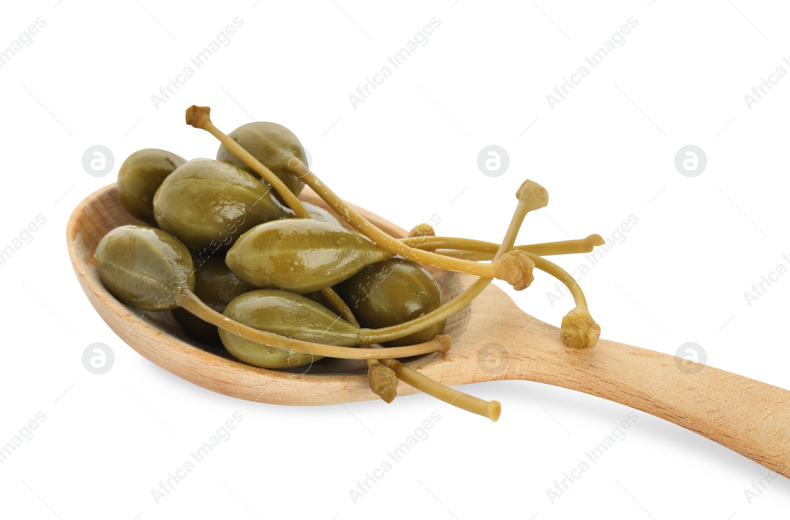 Photo of Wooden spoon with capers on white background