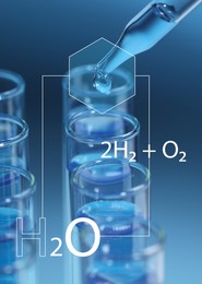 Image of Chemical formulas. Dripping reagent into test tube on light blue background, closeup