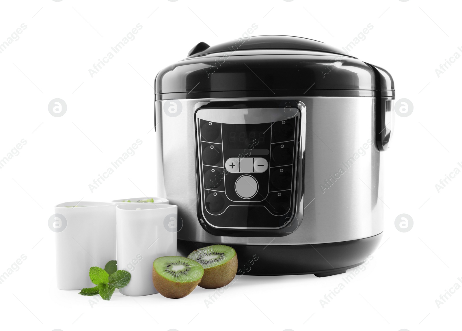 Photo of Modern multi cooker with cups of homemade yogurt and kiwi isolated on white