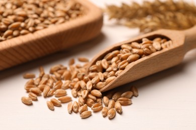 Photo of Scoop and wheat grains on white table, closeup