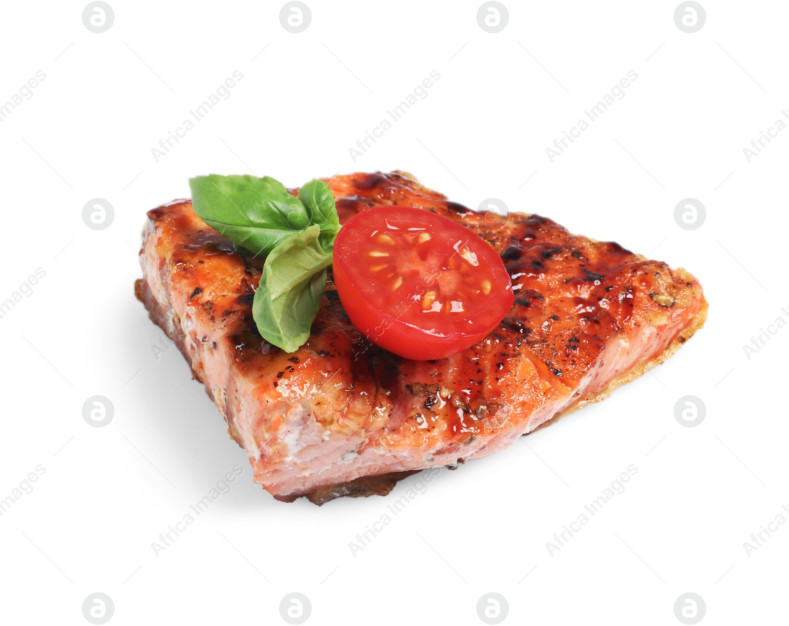 Photo of Tasty grilled salmon with basil and tomato on white background