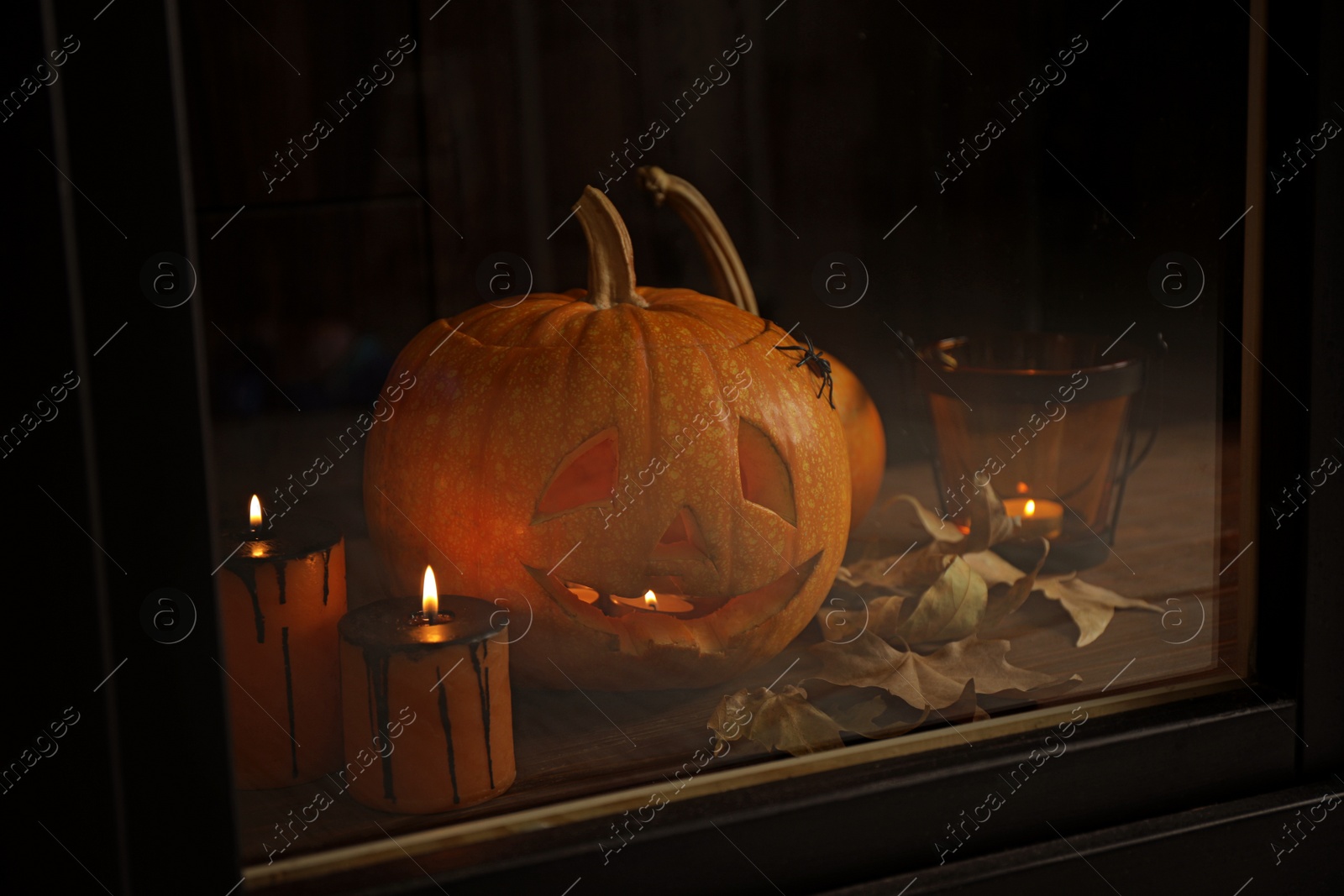 Photo of Composition with pumpkin head on windowsill, view through glass. Jack lantern - traditional Halloween decor