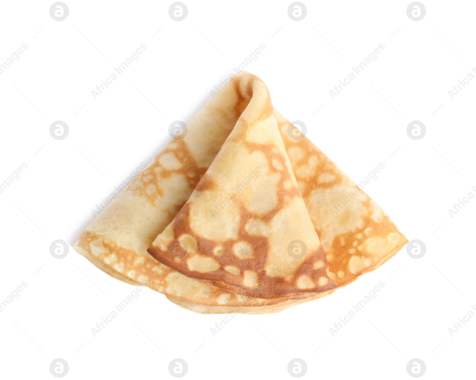 Photo of Folded fresh thin pancakes isolated on white, top view